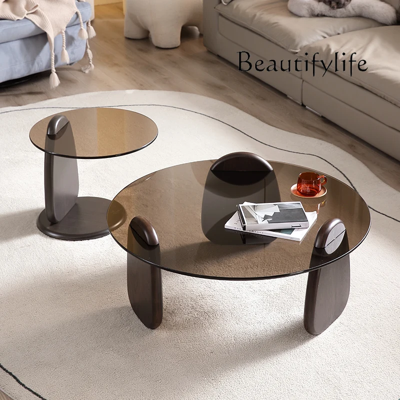 

Minimal size round coffee table ash wood solid wood brown glass coffee table combination tempered glass coffee table