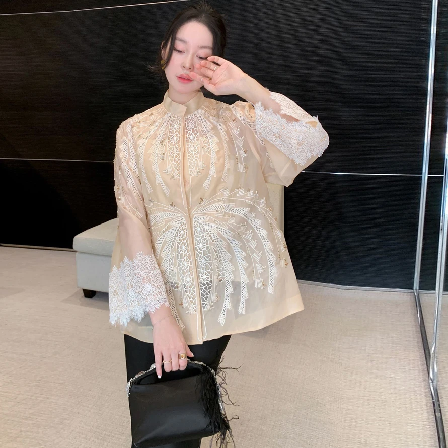 

Exquisite Handmade Beaded Silk Organza Jacket Heavy Embroidery Lace Artistic Treasure Wealth Flower Handkerchief Silk Top