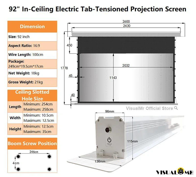 2026 Nieuw Inbouw Elektrisch Zwart Grid ALR UST Ingebouwd Projector Scherm Tab-Tensioned Gemotoriseerd Geüpgraded Plafondprojectie 4K