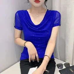 Temperament Net Yarn T Shirts Summer New Short Sleeve Solid Color Patchwork Slim Office Tops Tees Fashion Elegant Women Clothing