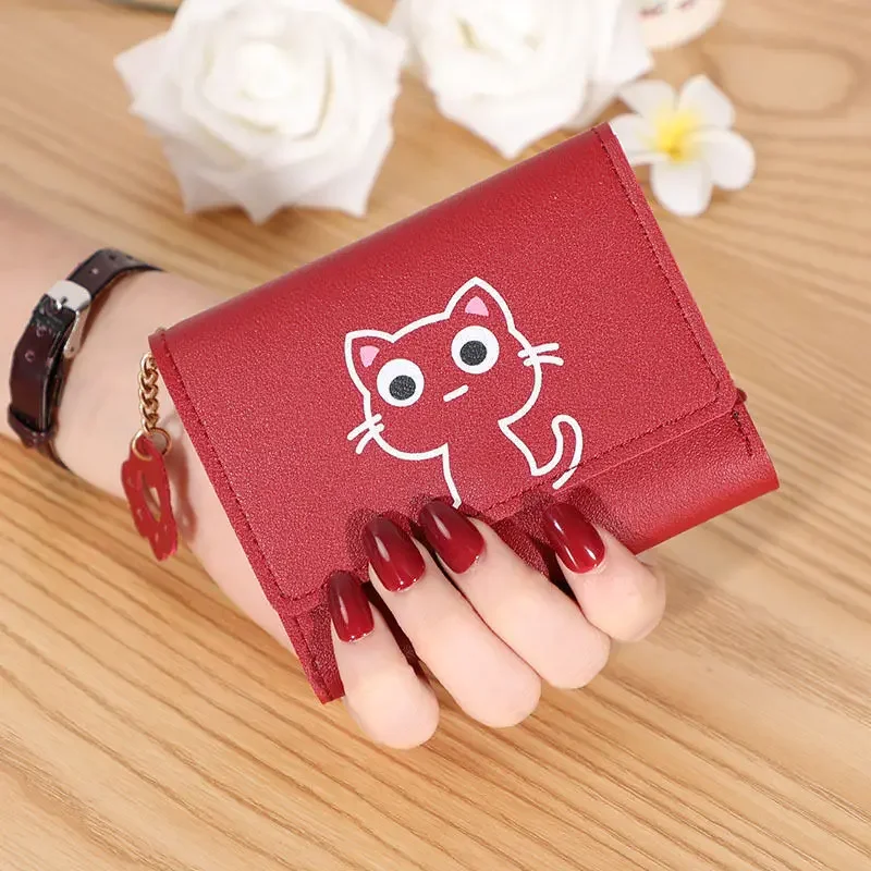 2024 New Women Wallet Cute Cat Short Wallet Leather Small Coin Purse Girls Money Bag Card Holder Ladies Female Hasp Wallet