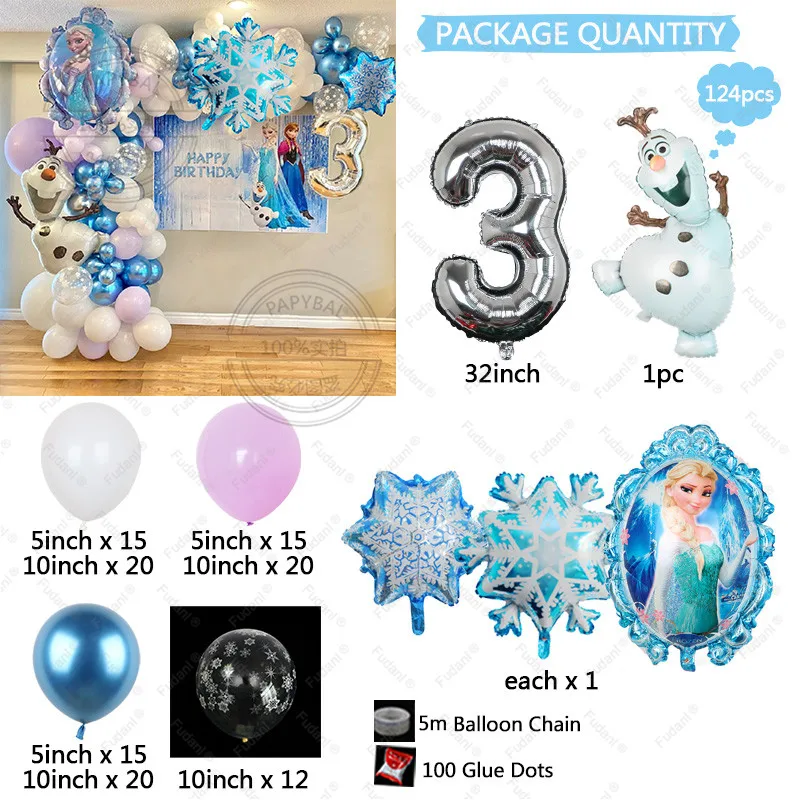 124 Uds Globos temáticos de Frozen Kit de arco de guirnalda copo de nieve Elsa Olaf Globos de aluminio niñas fiesta de cumpleaños decoración de Baby Shower Global