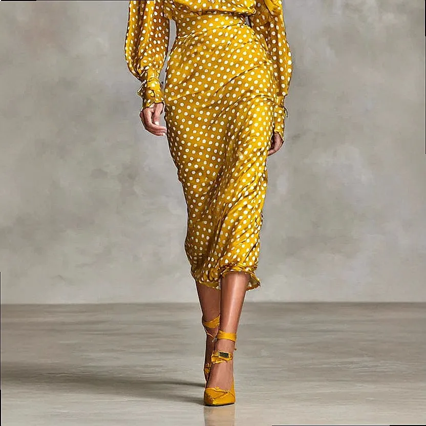 Polka Dot Tie Long Sleeve Blouse Top and Skirt Matching Set, High Neck Tops Blouses with Skirts