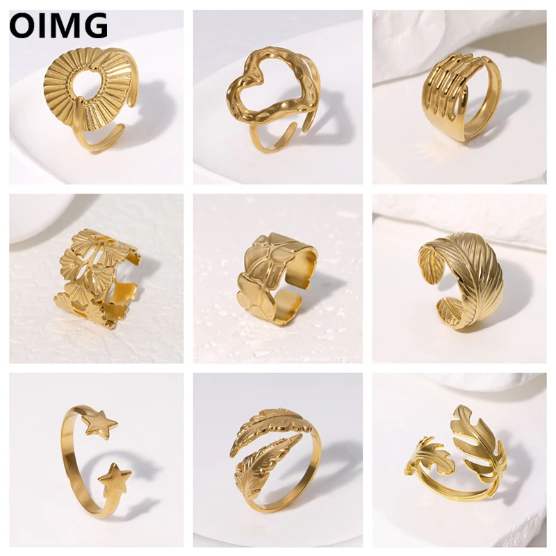 OIMG 316L Stainless Steel Punk Personality Feather Leaf Str Gold Color Open Rings Female Vintage Finger Jewelry Waterproof