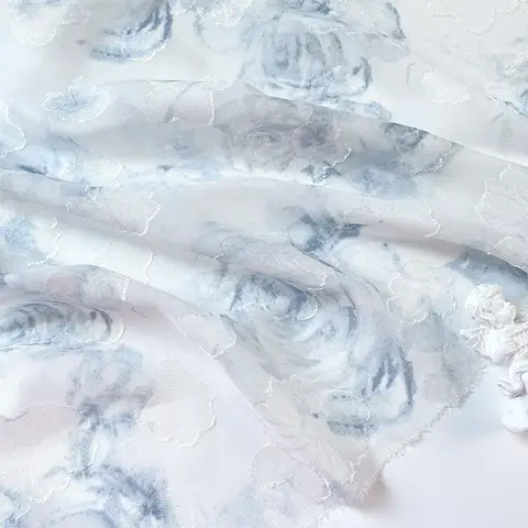 Powder Blue Watercolor Chiffon Fabric Blush Rose Design for Qipao Dress Traditional Embroidery Clothing Material