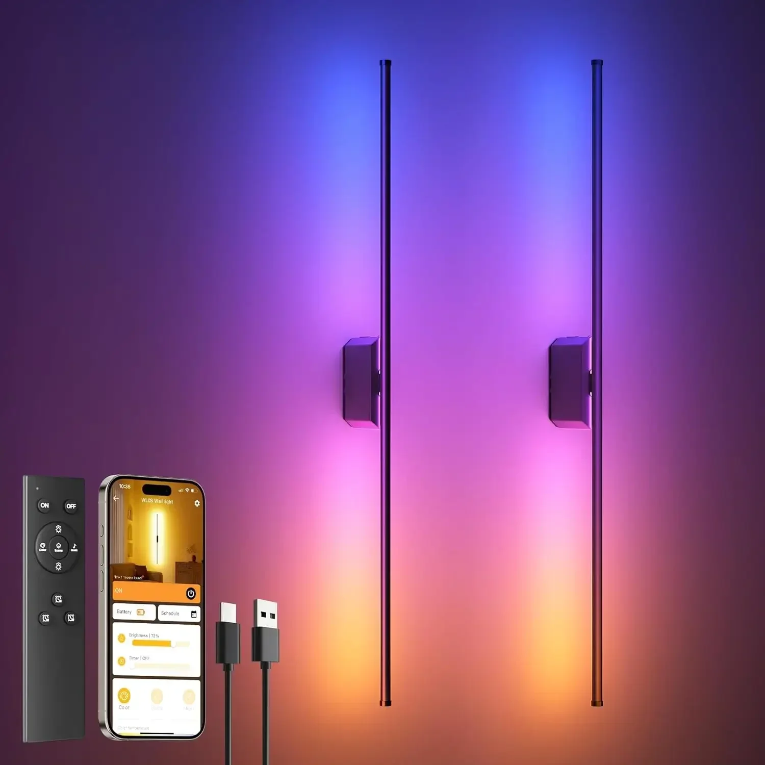 40 Inch Battery Operated Wall Sconces Set of 2, 12000mAh Rechargeable Smart Wall Lights with APP Control & Remote, Color Changin