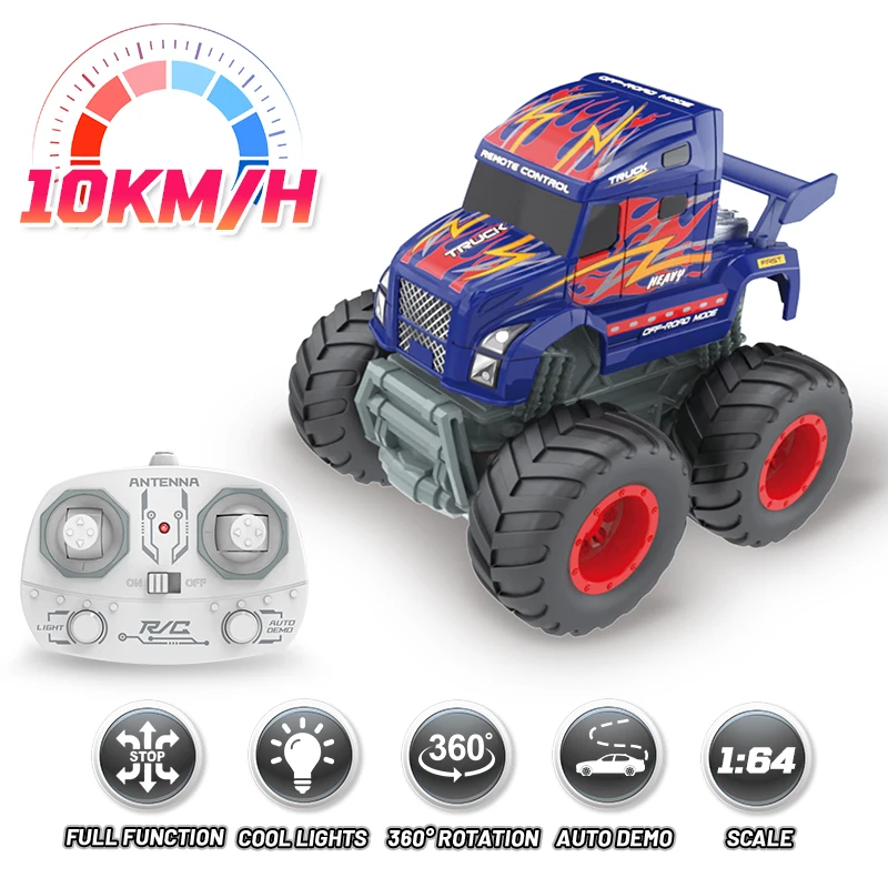 1/64 Mini RC Truck Cab with Lights High Speed Remote Control Truck Car Rotation Stunt Car Auto Demo Vehicle Toys Kids Xmas Gifts