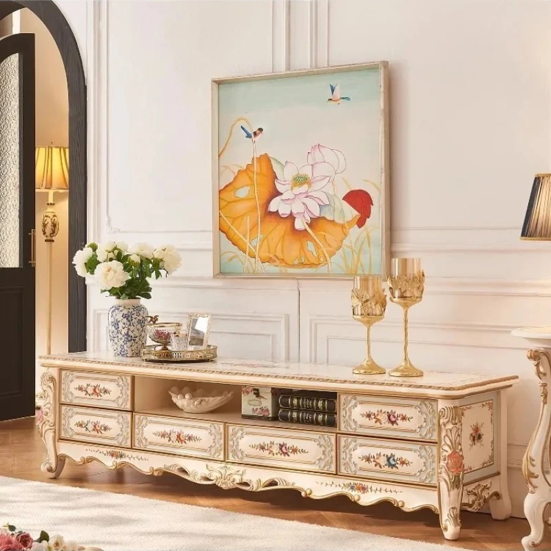 

Hand-painted Rose French Palace Gold Painting Living Room Home All Solid Wood Luxury TV Floor Cabinet Decoración Hog