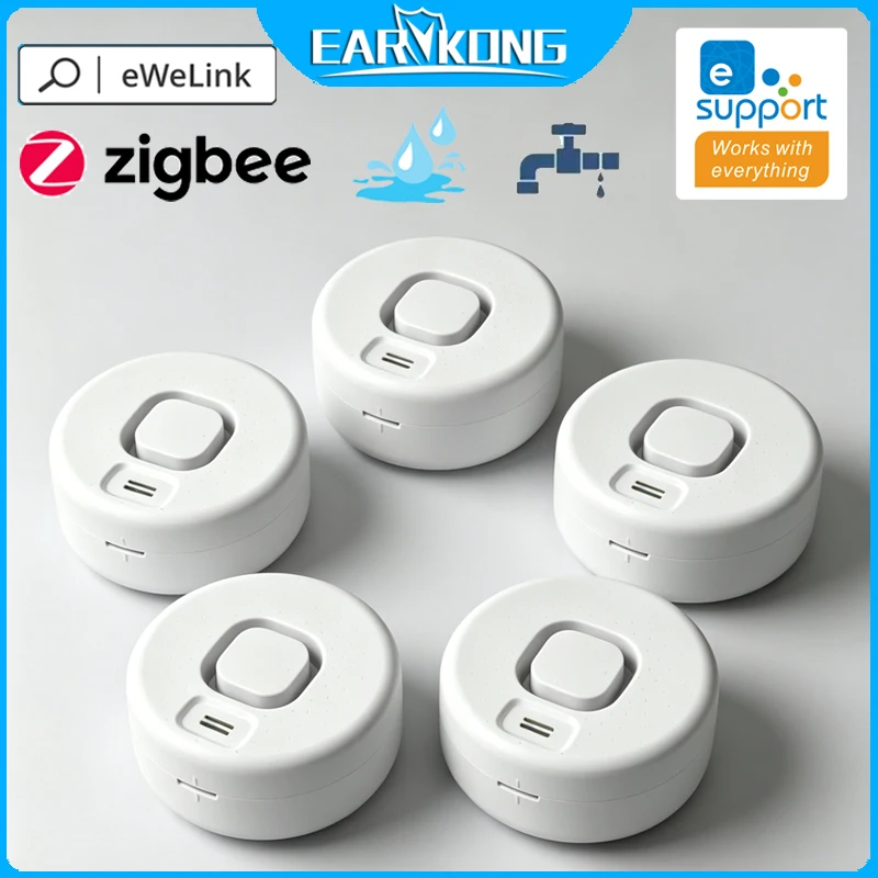 EWeLink Zigbee Water Leak Detector Home Kitchen Drip Safety Sensor High Decibel Sound Alarm APP Remote Alert Works With Gateway