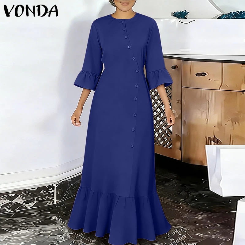 

VONDA Summer Women Plus Size Dress Solid Color Pleated Ruffles Long Maxi Dresses Streetwear Vestidos Party OL Work Sundress