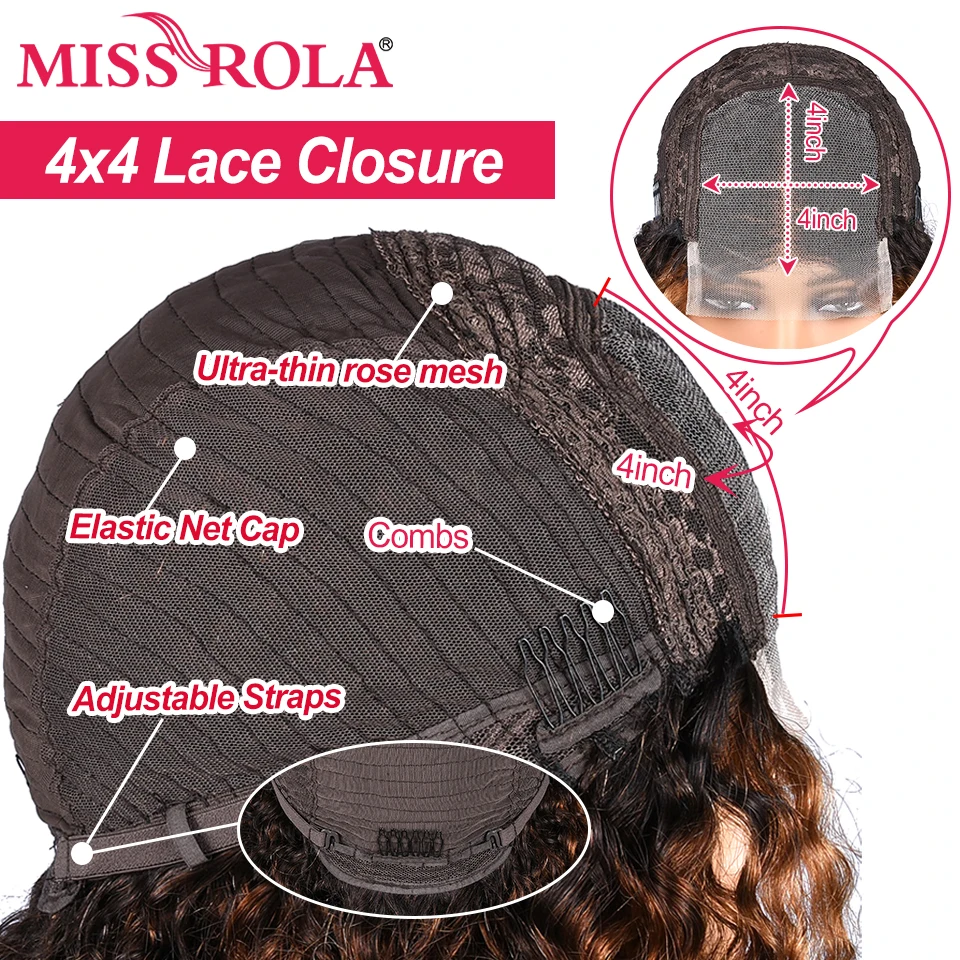 Miss Rola-Brazilian Remy Curly Bob Perucas, Onda de Água, Destaque Cabelo Humano, Destaque Cor, Pré Arrancadas, 4*4 Lace Closure, 27, 3, 4