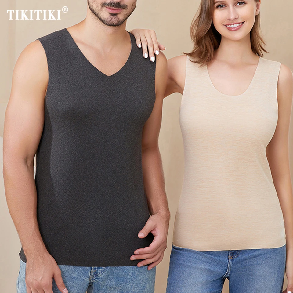 Women Men Fleece Lined Thermal Vest Tops Crew Neck Tank Tops Winter Thermal Slimming Shirt Warm Bottoming Thermo Undershirt