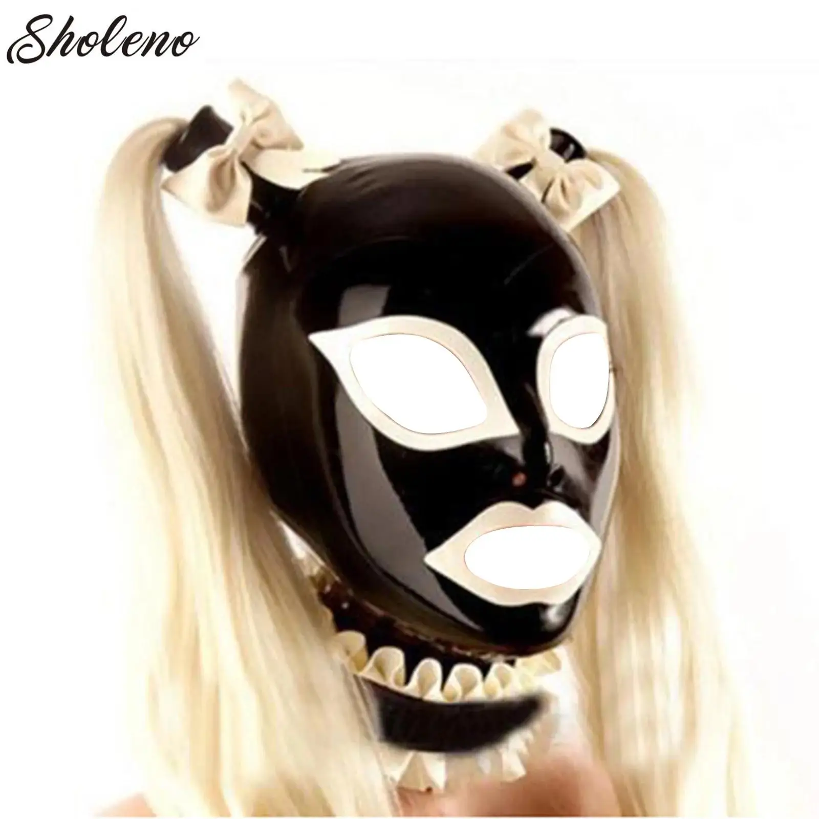 

Sexy Full Head Latex Rubber Hood Face Mask Open Eyes Mouth Nose Balaclava Head Cover with Double Ponytails Wig Cosplay Club Wear