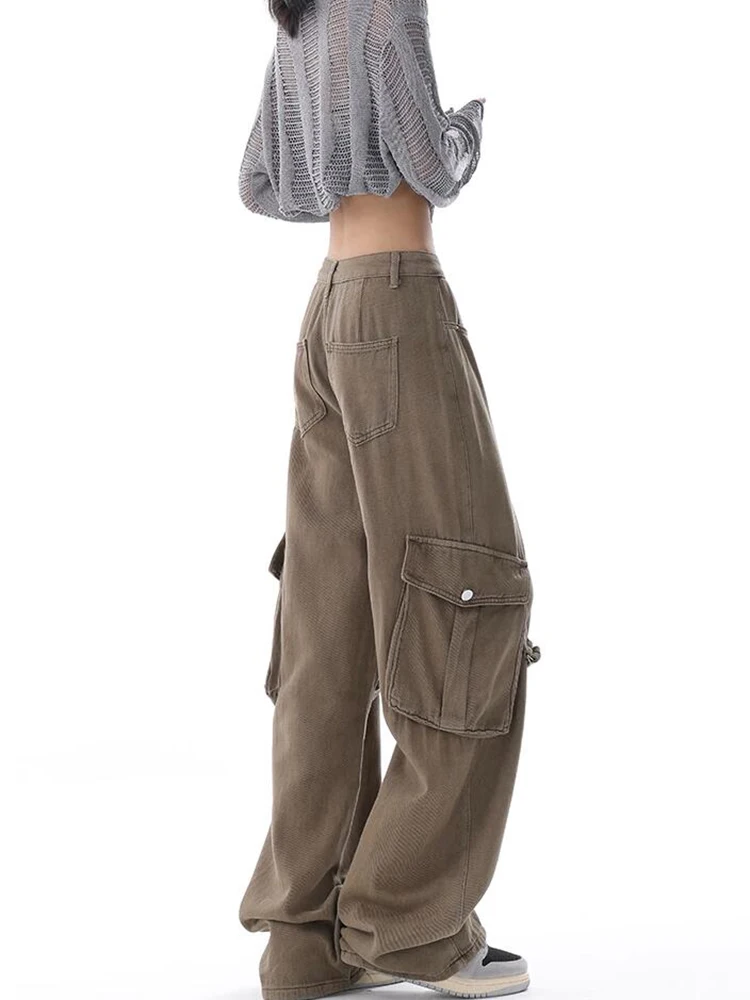 Vintage Pockets Cargo Jeans for Women Trendy High Waistd Wide Leg Denim Pants Casual Baggy Cargo Pants Y2K Boyfriend Trousers