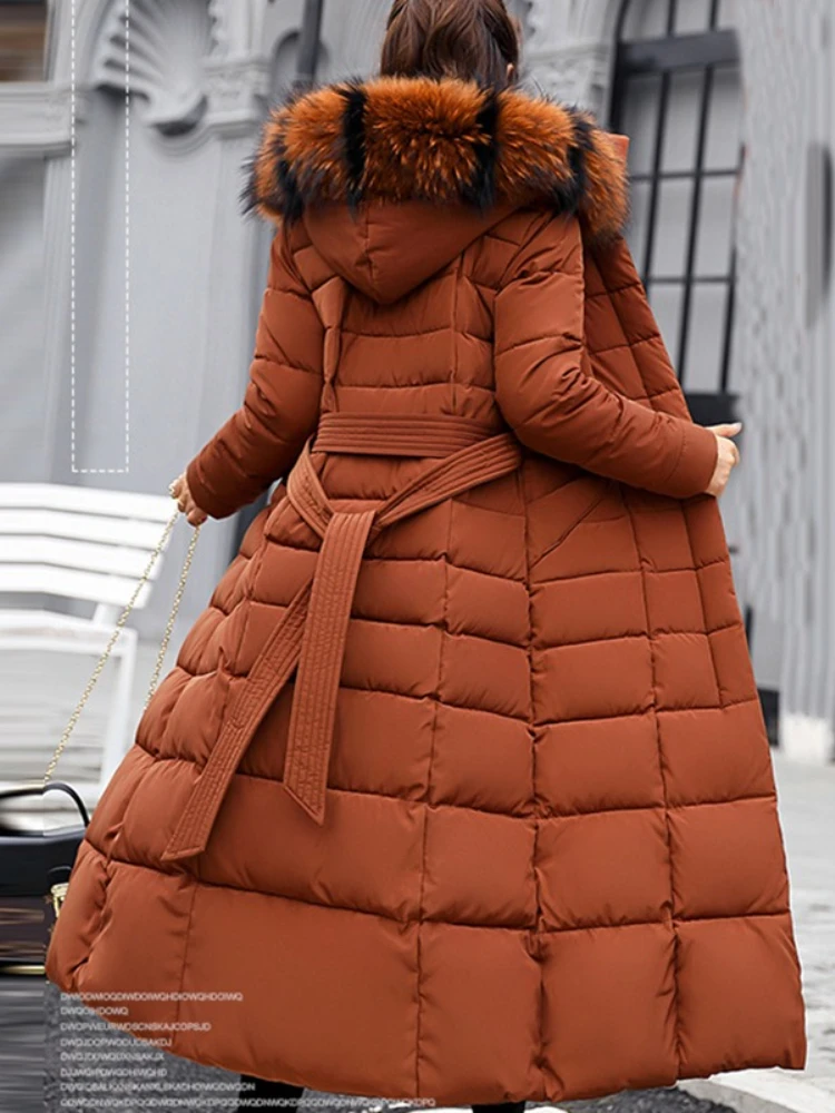 الإناث الشتاء فوق الركبة فضفاضة كبيرة الفراء طوق مقنعين الدافئة سميكة سترات طويلة أسفل القطن حجم كبير سترات معطف المرأة معطف مبطّن #5