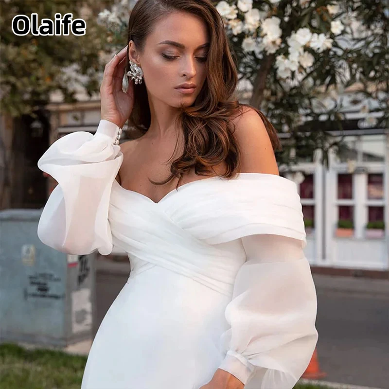 Olaife Modern Satin Wedding Dress Off Shoulder Bridal Mermaid Long Bubble Sleeves Simple Zipper Back Bridal Wear