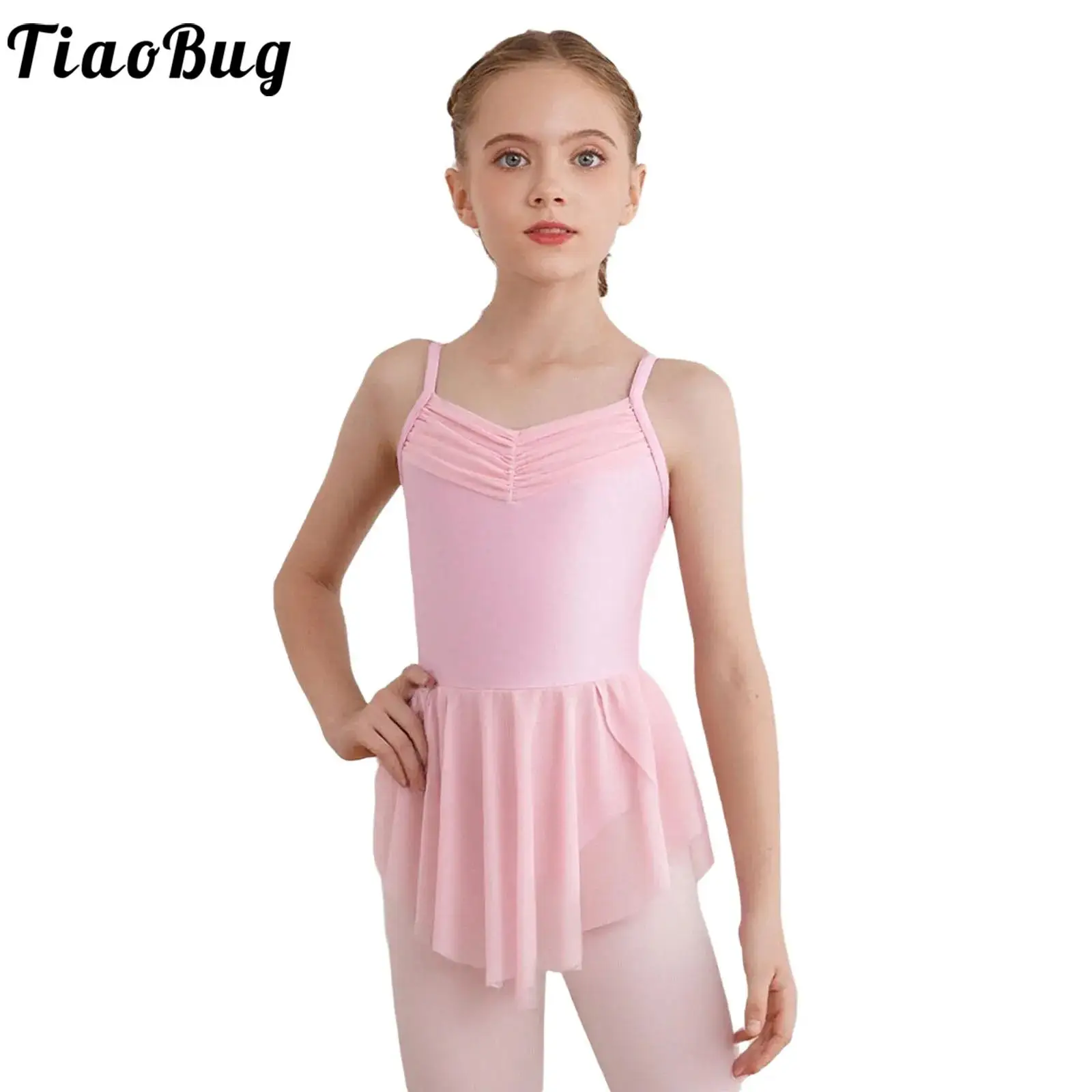 

Kids Girls Ballet Dress Ballerina Practice Performance Costume Spaghetti Straps Sides Split Dance Dress with Built-in Briefs