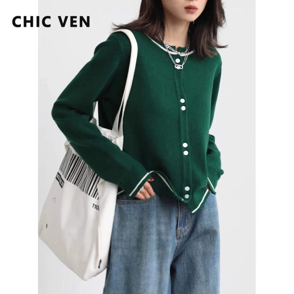 CHIC VEN damski sweter Vintage O Neck jednolity sweter krótka kurtka jednorzędowa z długimi rękawami luźna na co dzień wiosna jesień 2022