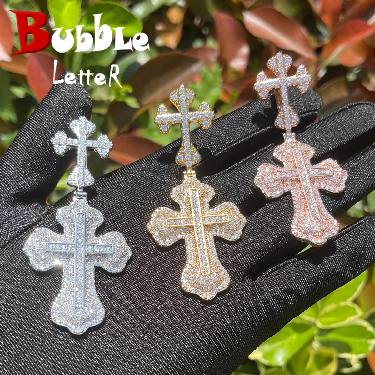 Bubble Letter Iced Out Cross Necklace for Men Prong Setting Pendant Charms Real Copper Hip Hop Jewelry