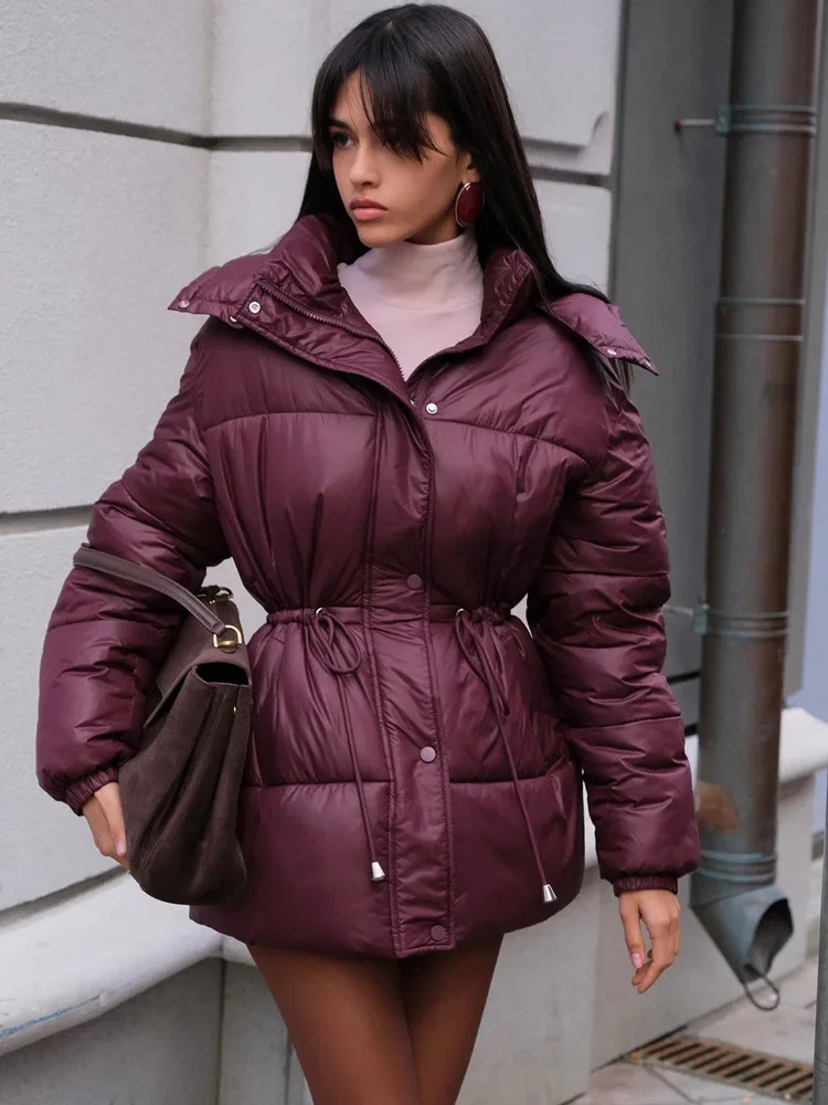 

Tossy Leisure Women's Hooded Short Parker Coat Drawstring Waist Warm Solid Pocket Zipper Winter Long Sleeves 2025 Parker Coat