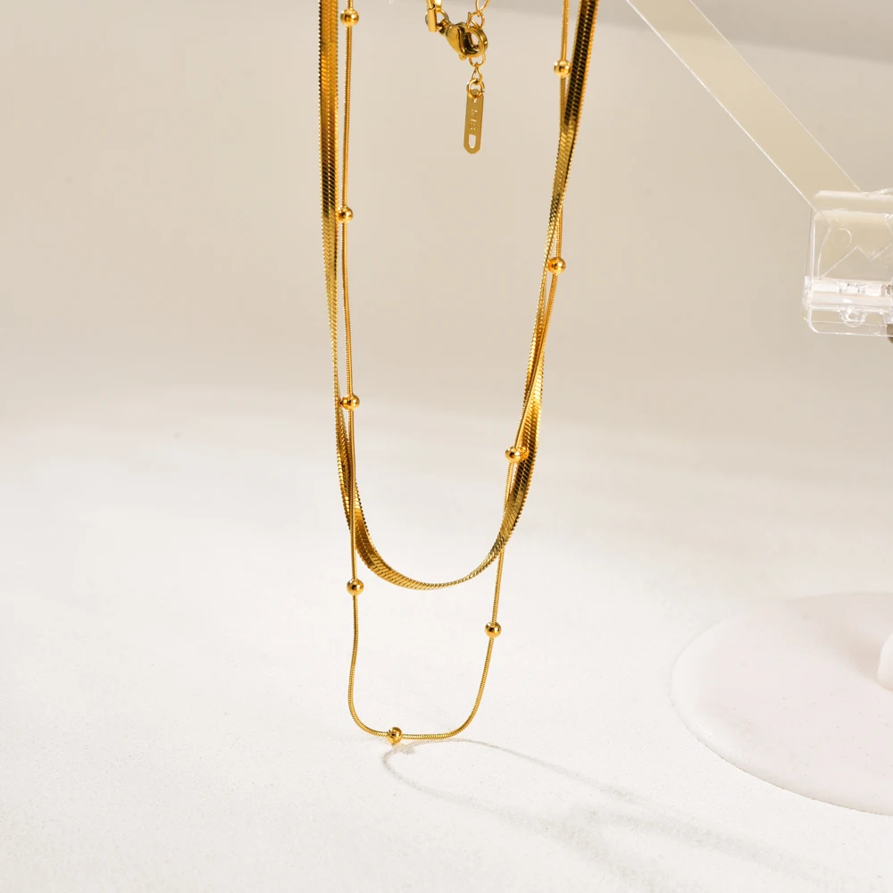 L68 Women Luxury 14K Gold Plated Multi-layer Round Beads Necklace Daily Wearing Tarnish Proof Waterproof Stainless Steel Jewelry