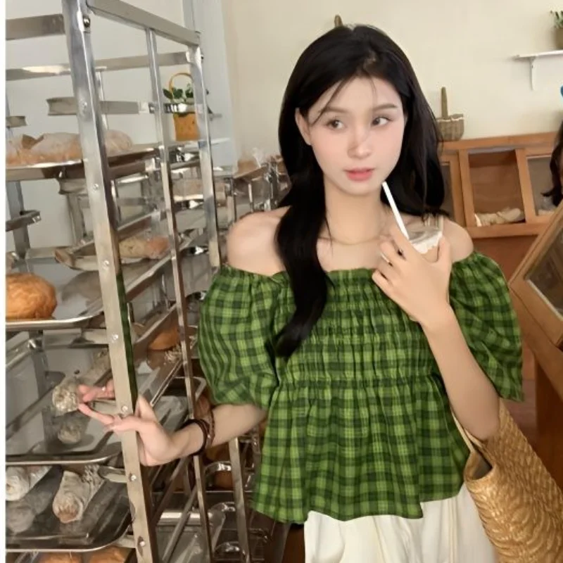 Green Plaid Blouses Women Puff Sleeve Sweet Loose Vintage Summer New Folds Korean Style Female Temperament Casual Aesthetic Ins - Image 3