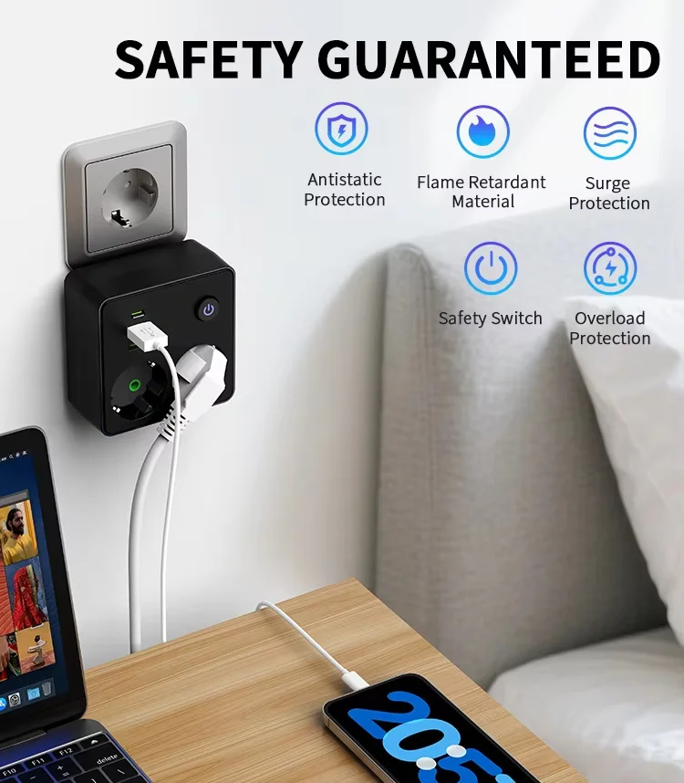 EU Plug Outlet 2 Sockets Multitap Wall Power Strip Electrical Socket No Extension Cord with 2 USB 1 Type-C Ports 2500W MAX Power