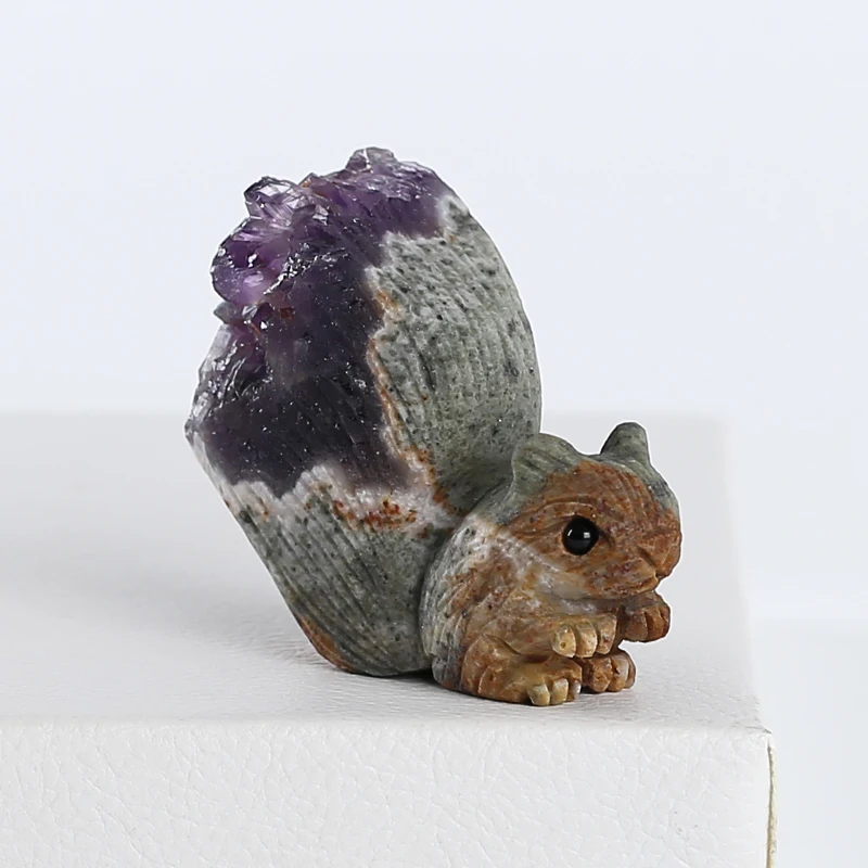 Animal Ornament Natural Stone Amethyst Carved Squirrel For Decoration Gemstones Jewelry Pendant Free Drilling 61x37x25mm 84g