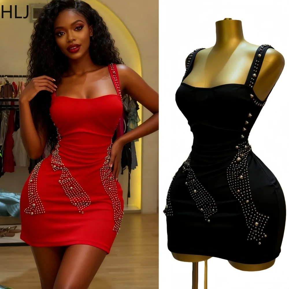 

HLJ Sexy Pearls Patchwork Bodycon Mini Dresses Women Spaghetti Strap Sleeveless Backless Dress Female Party Clubwear Vestidos