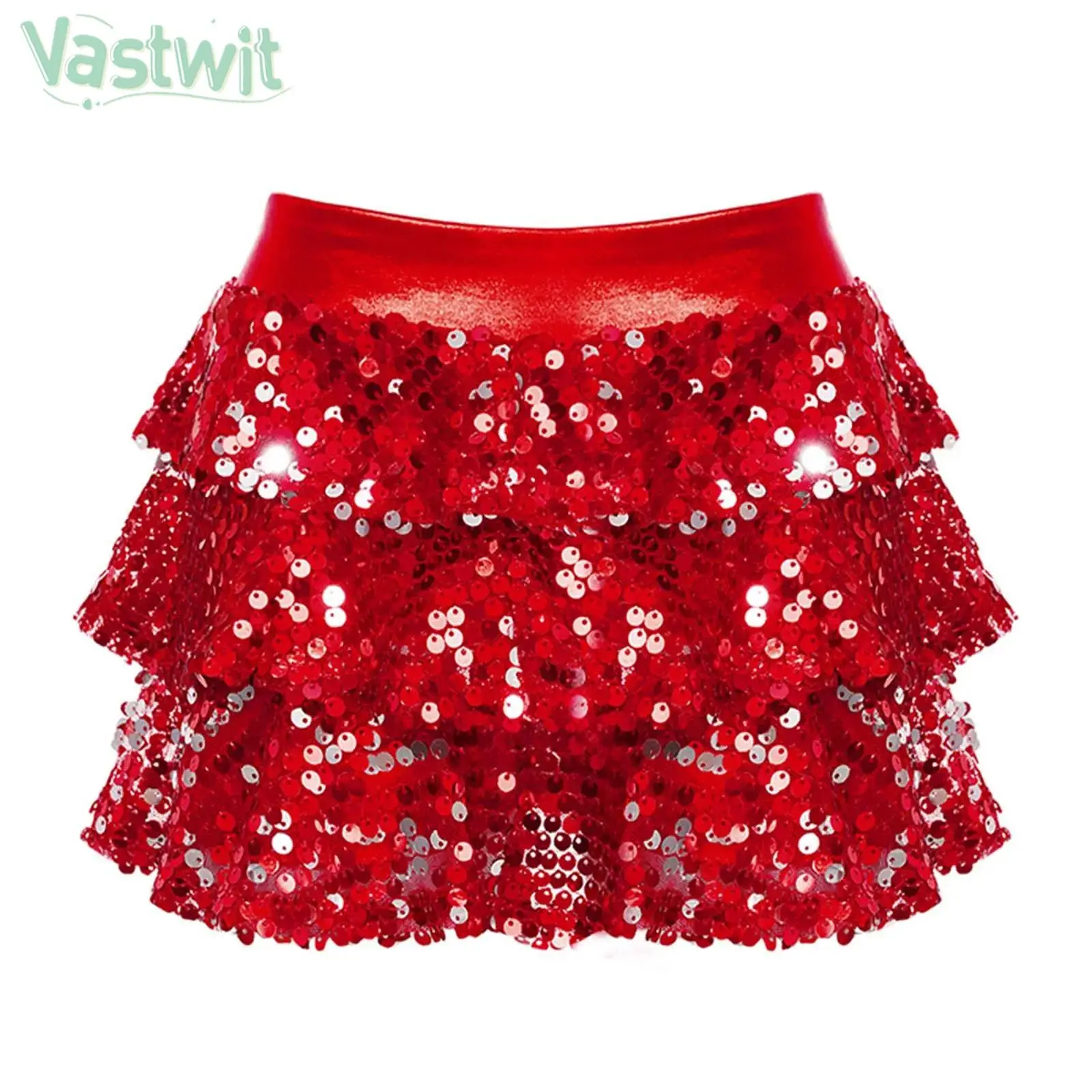 4-16Y Girls Tiered Ruffle Culottes Sequin Metallic Elastic Waistband Skirt Jazz Dance Cheerleading Stage Performance Costume