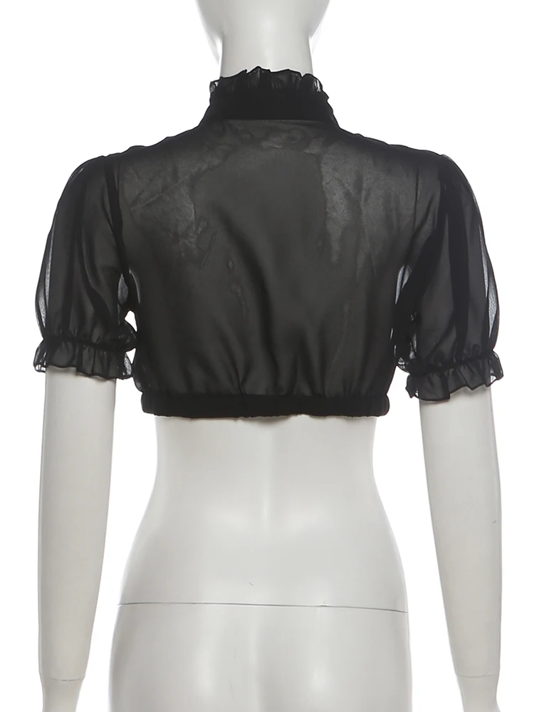 Nibber Chic T-Shirt für Damen, einreihig, durchsichtig, Falten, Puffärmel, Liniendekoration, süße Sommermode, tägliche Streetwear – Detail 6