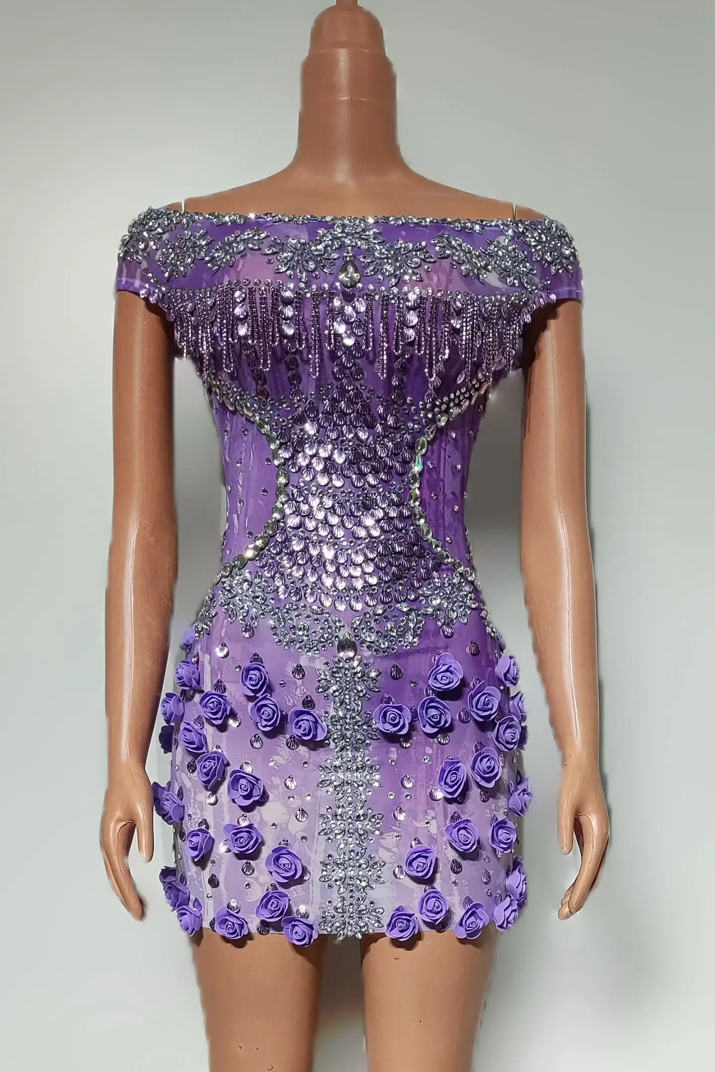 

Sparkly Purple Rhinestone 3D Rose Off Shoulder Mini Dress Mesh Bodycon Outfit Women Party Gala Guest Cocktail Dress Yinghuochong