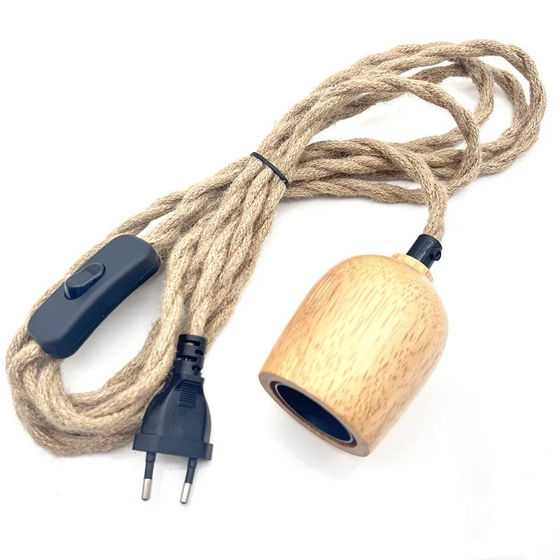 1.8M Vintage Hemp Rope Wire With Wooden Lamp Socket Pendant Lamp Cord Set with EU Plug