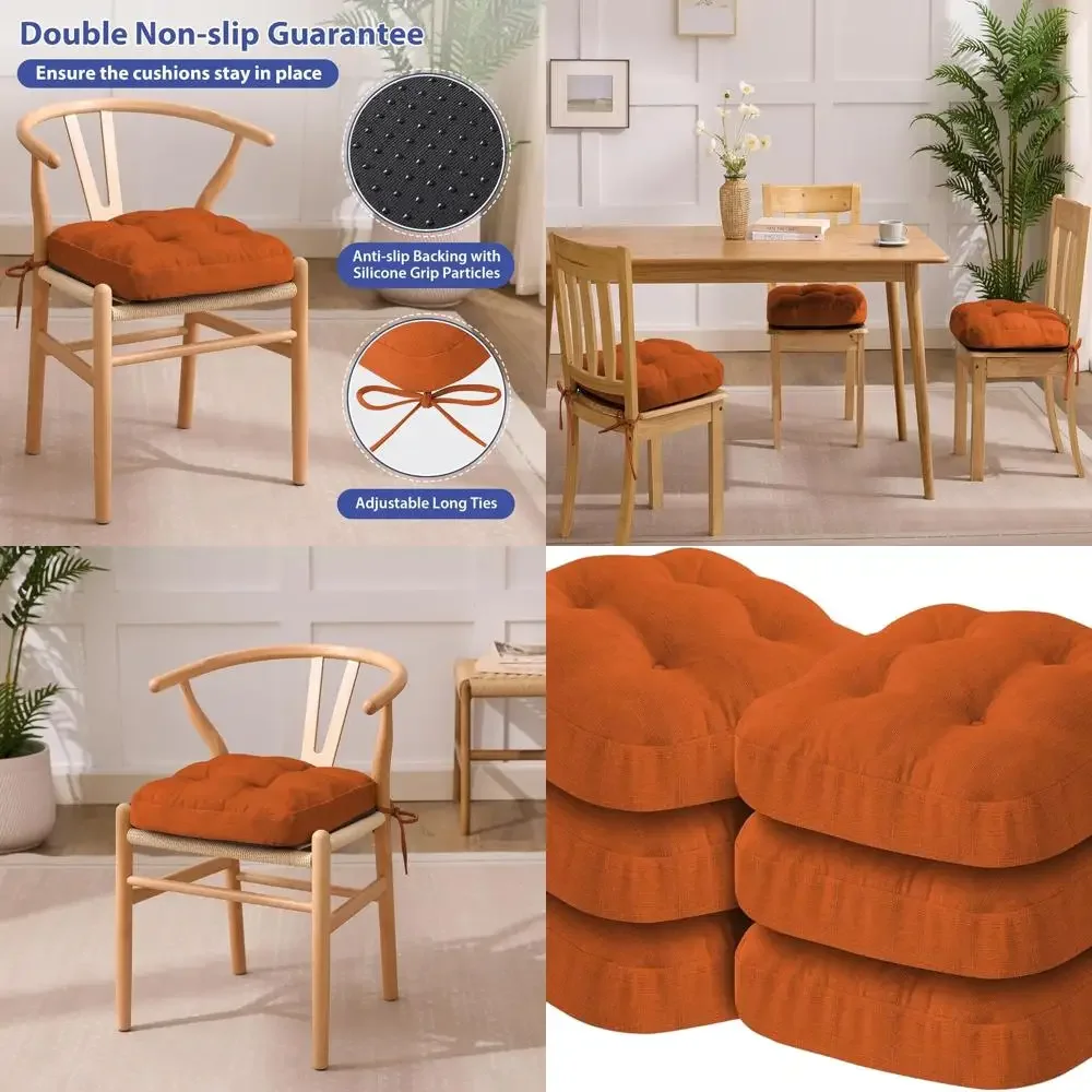 

Оранжевые подушки для сидений обеденных стульев, набор из 6 штук, 16,5 x 16,5 x 3,5 дюйма, с завязками и нескользящей основой.