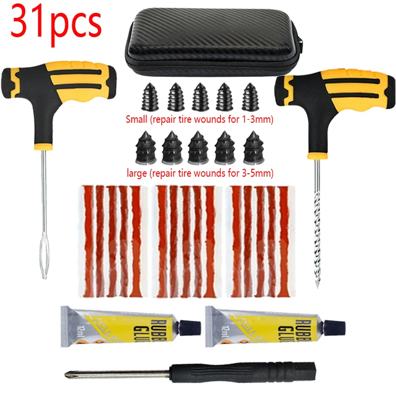 Portable Car Tire Puncture Repair Kit T-Handle Tools Glue Strips Universal for Truck Motorcycle RV Roadside Safety