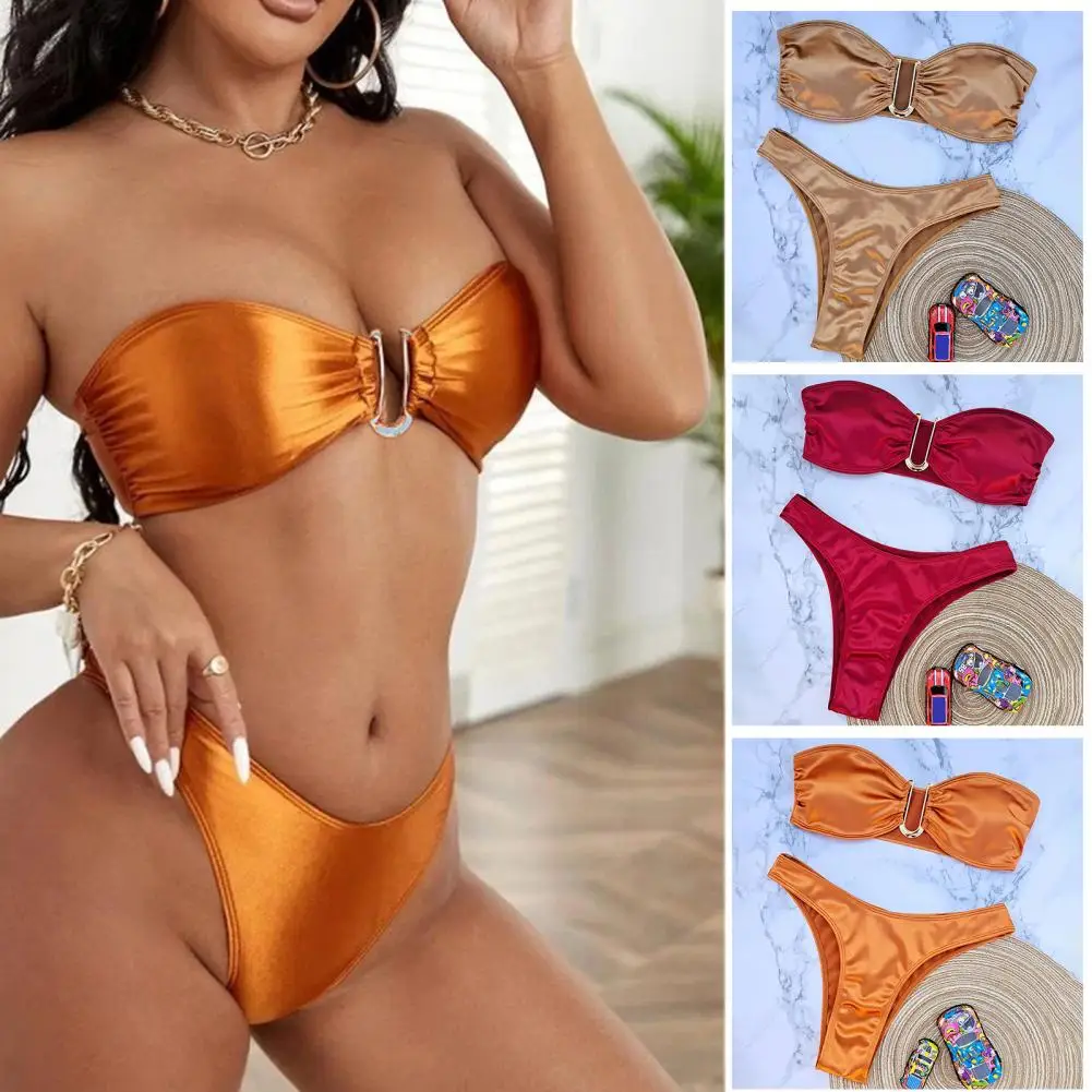 Women Bikini Set Satin Bikini Set Stylish Off-shoulder Bikini Set for Women Satin Elastic Swimwear with Padded for Ladies