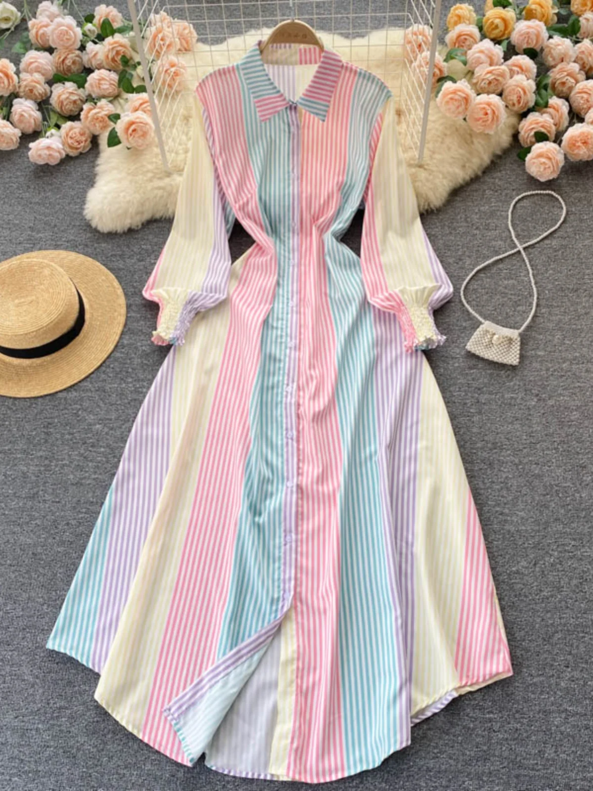 Elegant Slim Fit Midi Dress Ladies Shirt Collar Color Block Striped Design Commute Style High Waist A-Line Korean Version