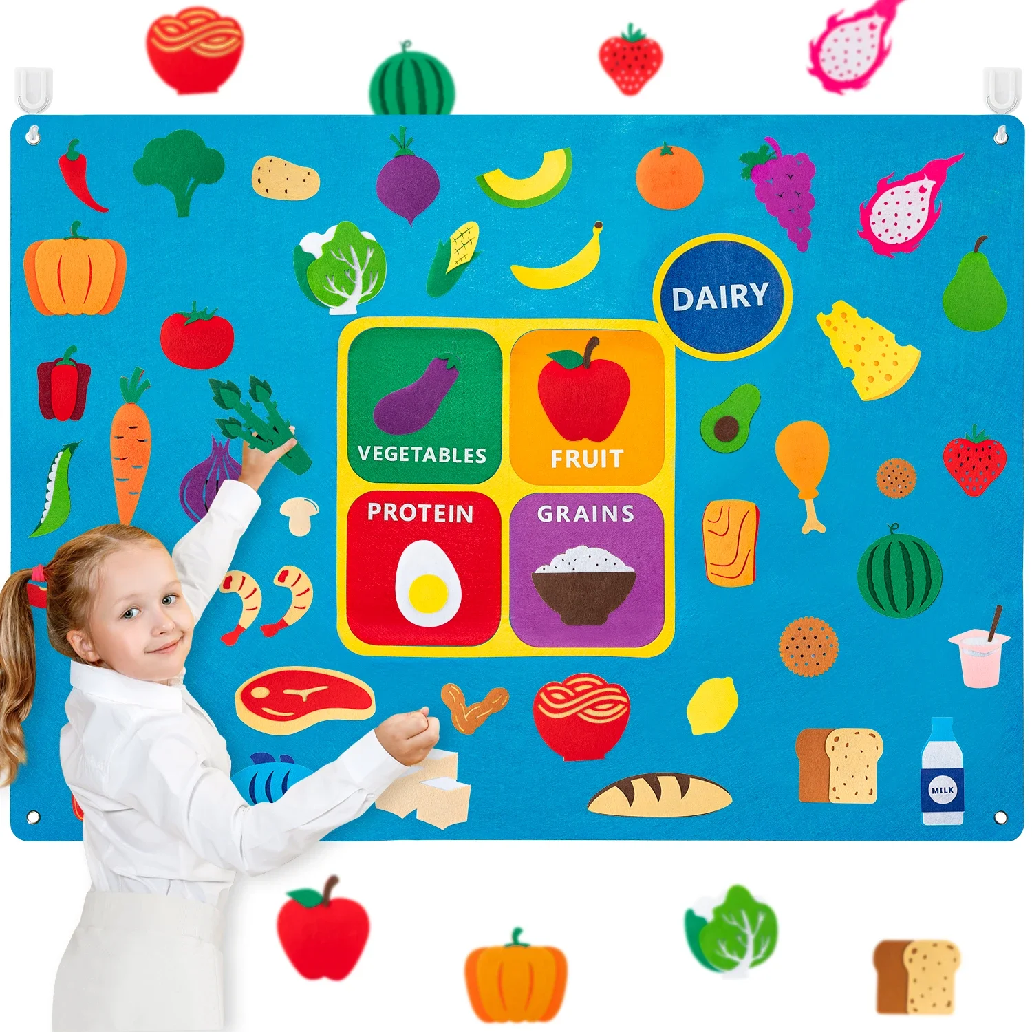 

Food Sorting Plate Felt Board Storytelling Vegetables Fruit Protein Grains Teaching Early Learning Play Kit for Kids