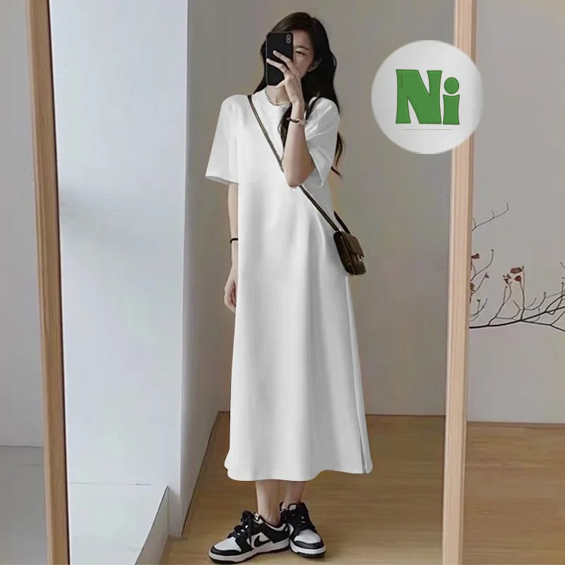 Summer Casual T-shirt Dress Women Loose Short Sleeve Maxi Dress O-neck Split Hem Letter Print Cotton Loungewear