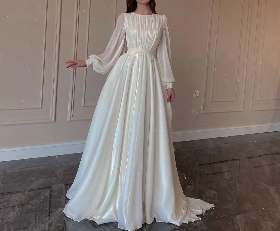 New Spring Fashion Lantern Sleeve O-Neck Solid Color Slim Fit Floor-Length Ball Gown Dress For Women