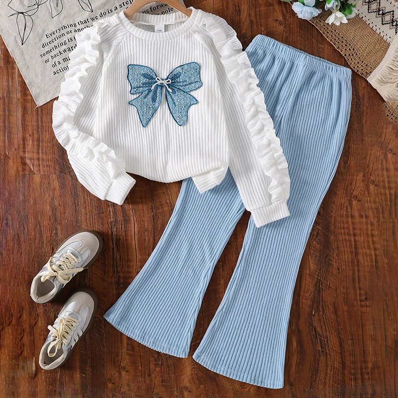 Girls 8‑12Y Autumn Winter 2Pcs Outfit Ribbed Ruffle Sleeve Sweatshirt With Bow Applique And Knit Flare Pants Daily Set