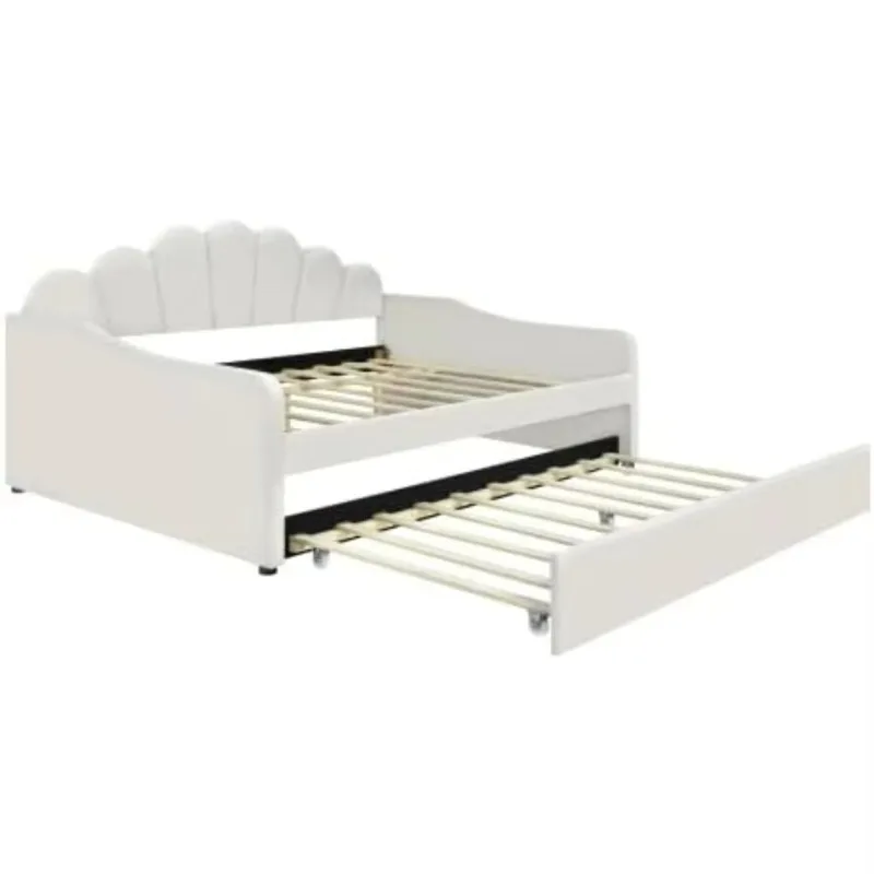 Factory Direct 2026   Full Size Daybed Frame with Trundle Bed, Velvet Upholstered Daybed with Shall Shaped Backrest, Per