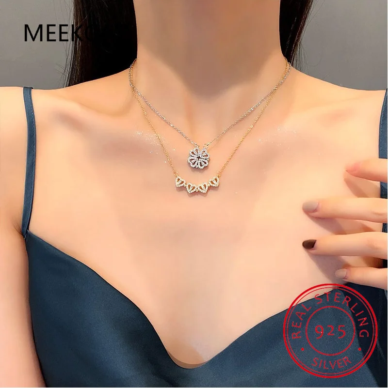 Trendy Magnetic Sterling Silver 925 zircone Heart collana con ciondolo quadrifoglio donna Summer Fine Jewelry regalo di compleanno