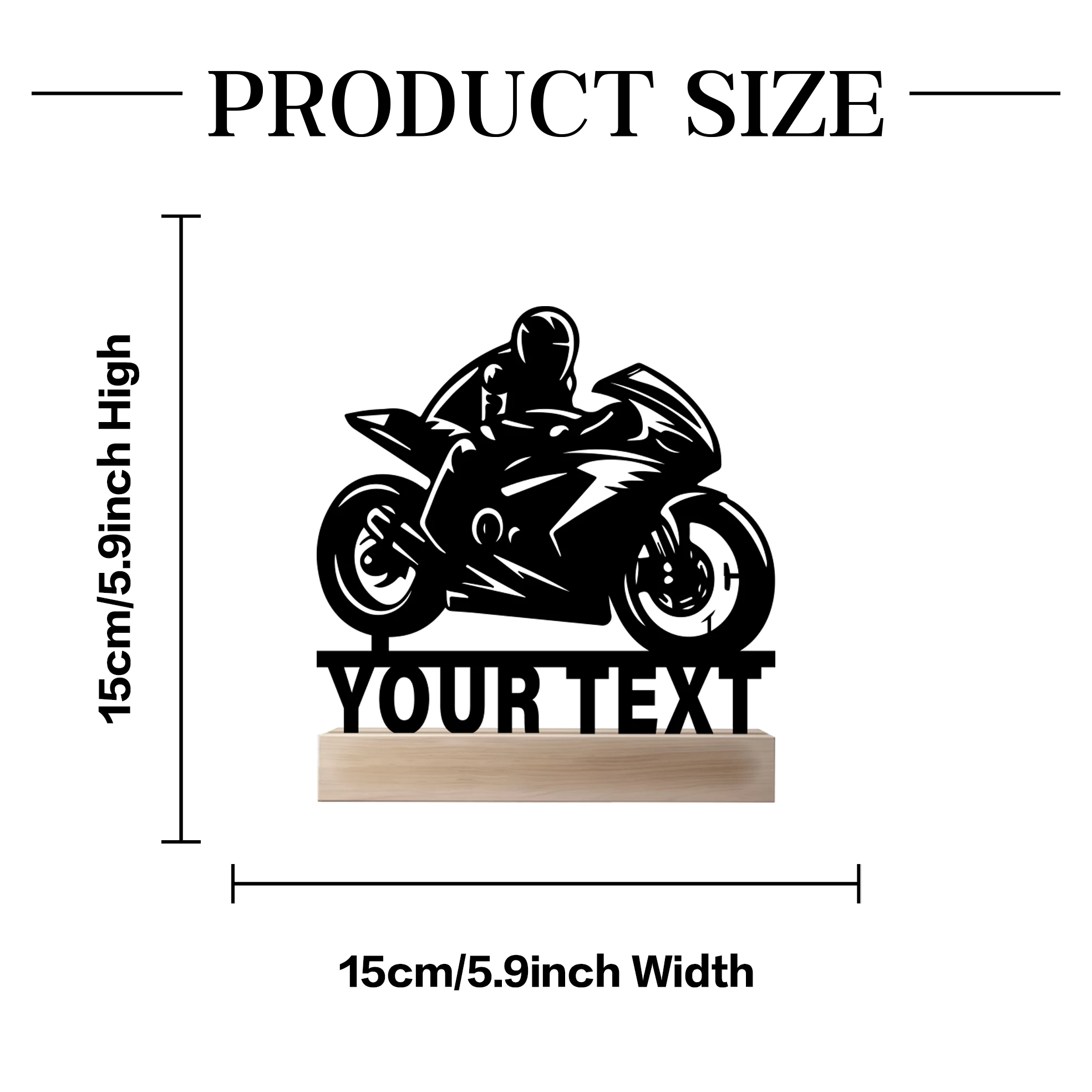 1 szt. Abstrakcyjna statuetka motocyklisty z personalizowanym imieniem, metalowa, z drewnianą podstawą, żelazna ozdoba, rzeźba, figurka artystyczna z drewnianą podstawą.