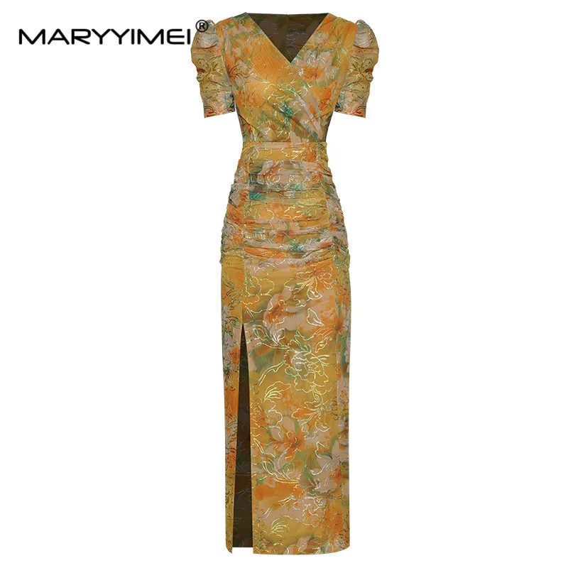 

MARYYIMEI Fashion dress Summer Women's Dress V-neck Short Sleeved Short sleeved Embroidery Print Sexy Package hip Dresses