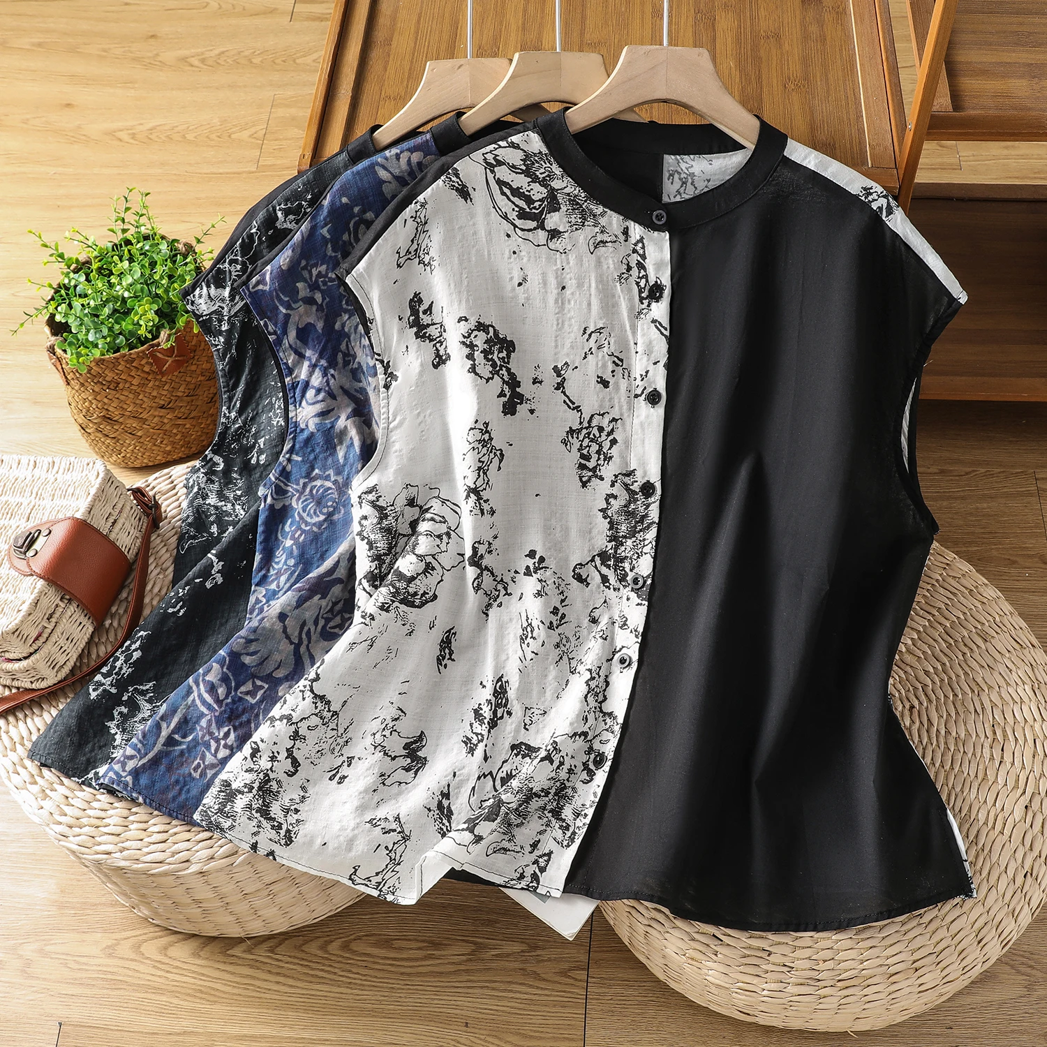 

Summer Loose Large Size Retro Artistic Asymmetric Half Sleeve Stand Collar Women's Shirt Cotton Thin Rendering Top