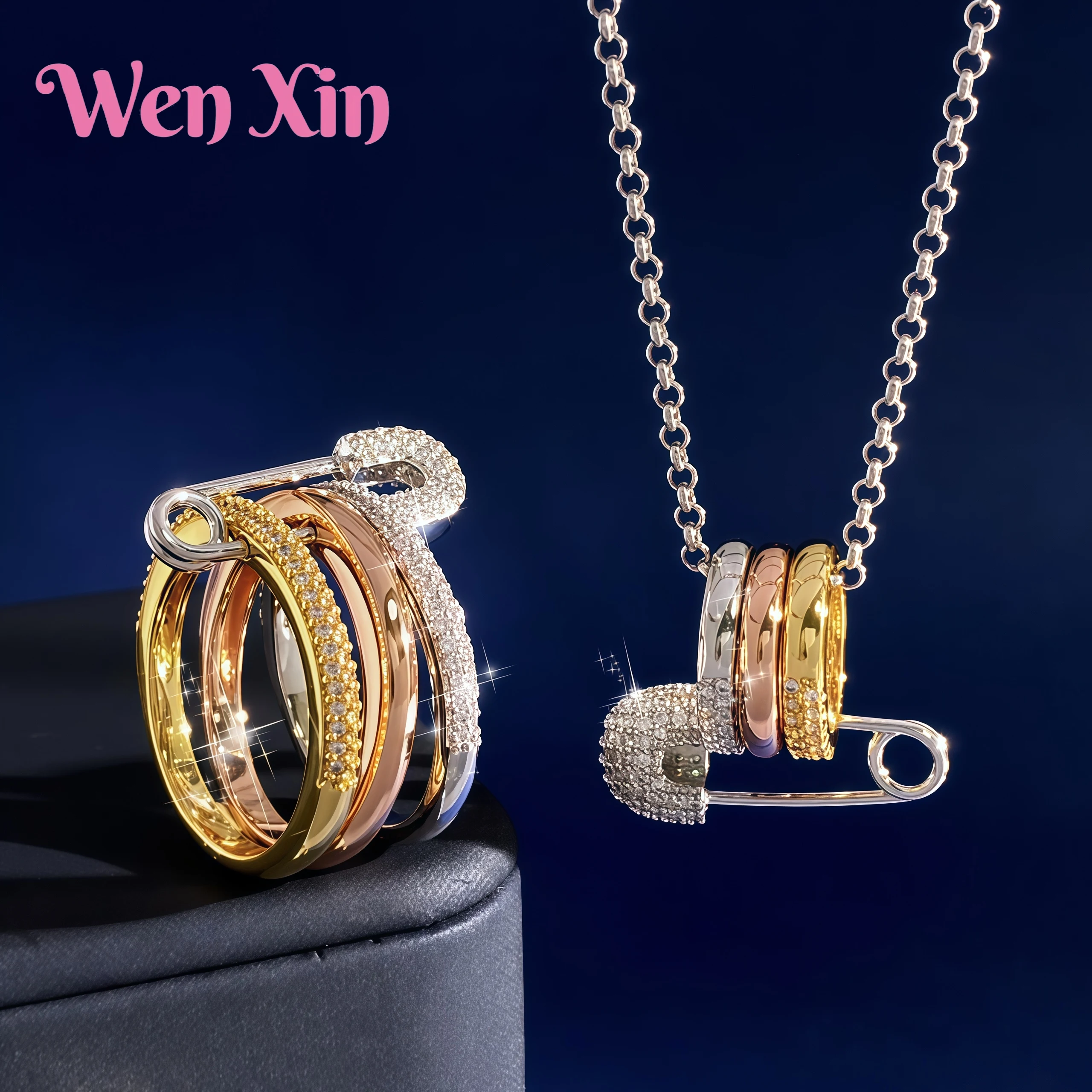 

WENXIN Brand MUSHAN MCT Hot Selling Tricolor Ring Detachable Full Diamond Pin Necklace Exquisite Diamond Inlaid Pendant Necklace