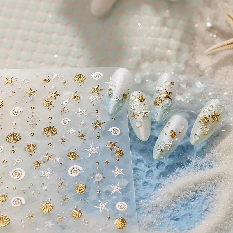 Gold Stamped Conch Scallop Starfish Pearl 5D Embossed Self-Adhesive Nail Stickers Exquisite Ocean Themed Manicure Decals