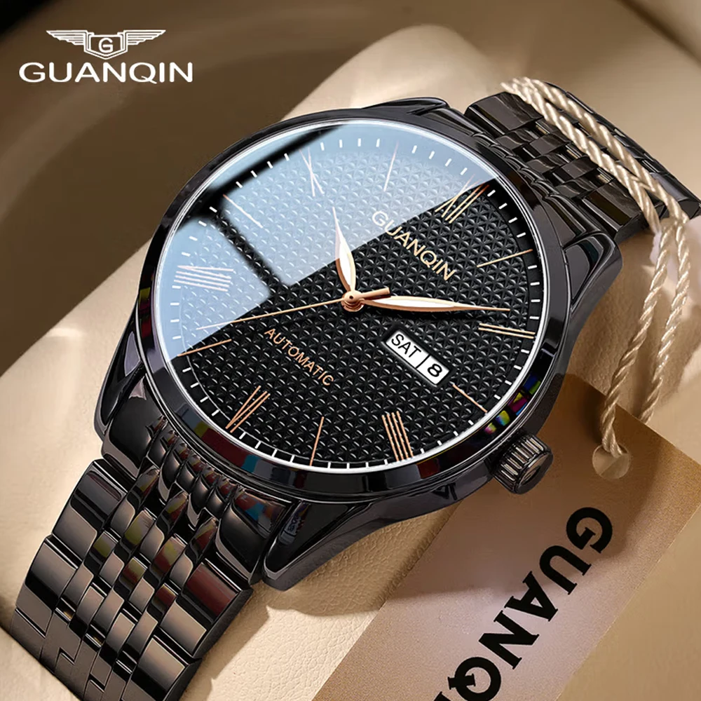 GUANQIN Waterproof Luminous Watch With Double Calendar Dial Fashion Business Luxury Military Automatic Mechanical Men Watches