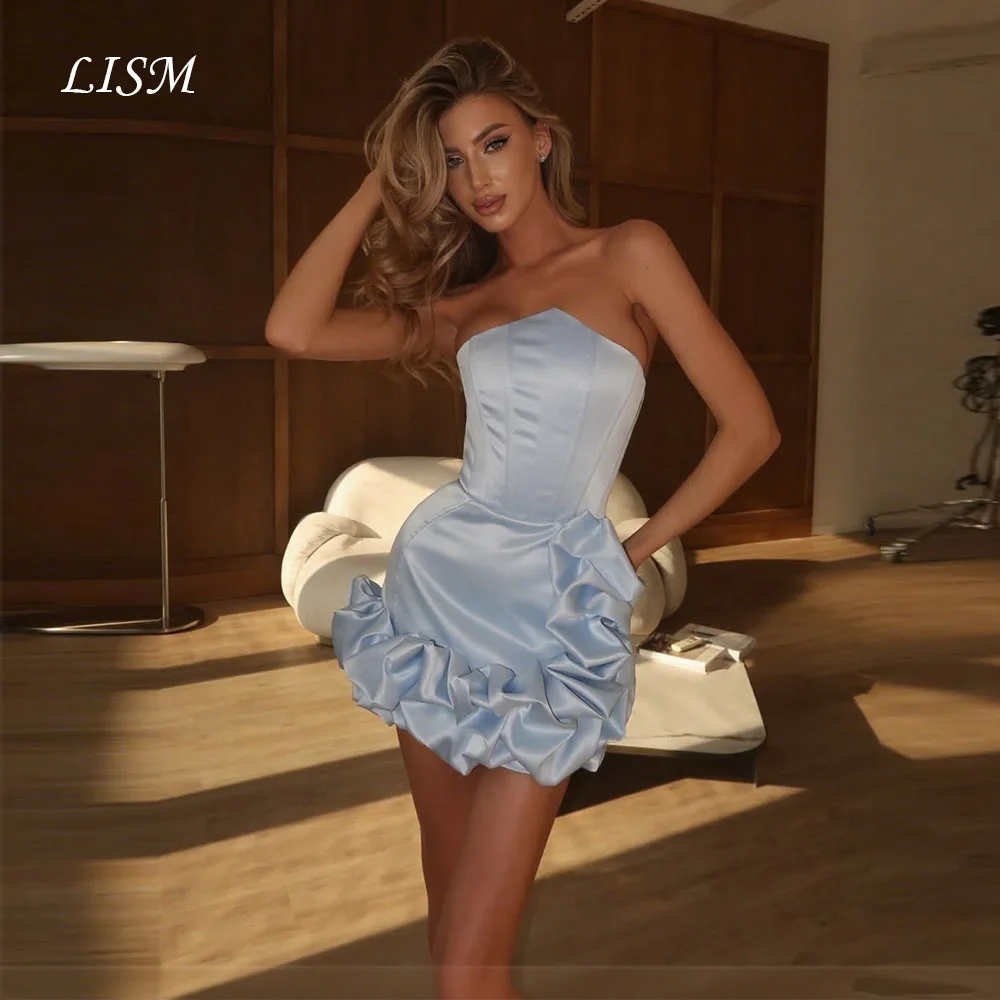 LISM 블루 짧은 댄스 파티 드레스 무릎 위 민소매 여성 칵테일 드레스 복장 미니 Strapless 드레스 파티 밤 맞춤형